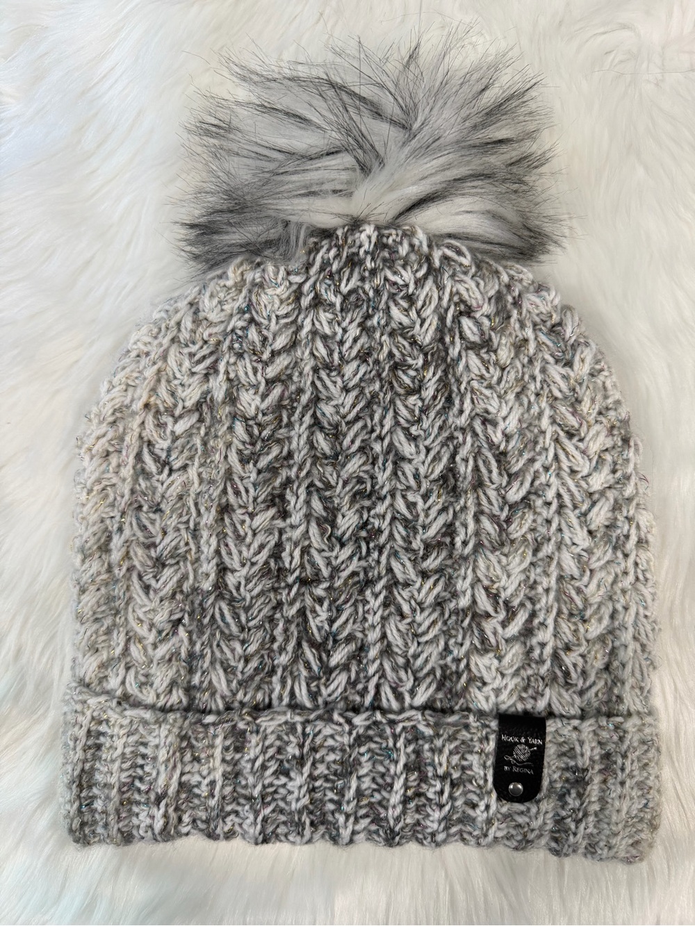 Marled Gray Crochet Beanie with Faux Fur Pom